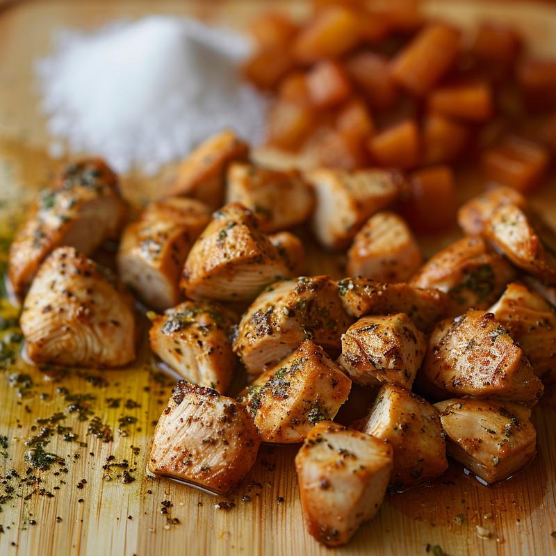 Close-up of Mediterranean chicken wraps on a light wood board.