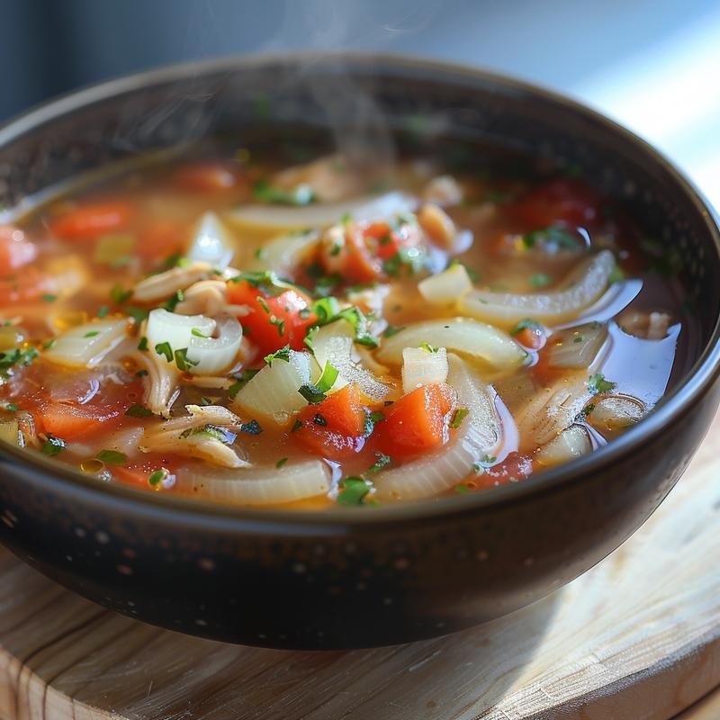 Steaming bowl of Mediterranean chicken soup with visible vegetables.