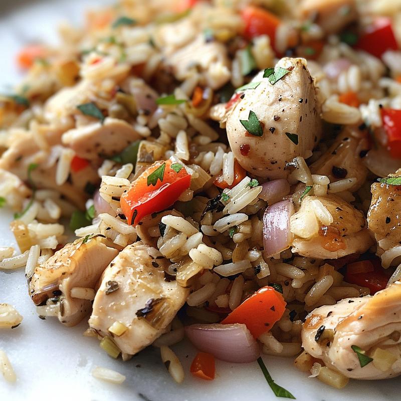 Close-up of Mediterranean chicken and rice on white marble.