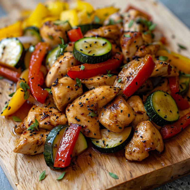 Close-up of Mediterranean chicken stir fry with chicken, bell peppers, and zucchini on a wood board.