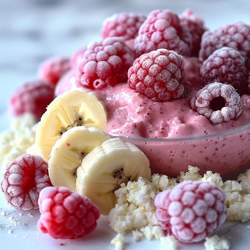 Close-up of a pink raspberry smoothie bowl.