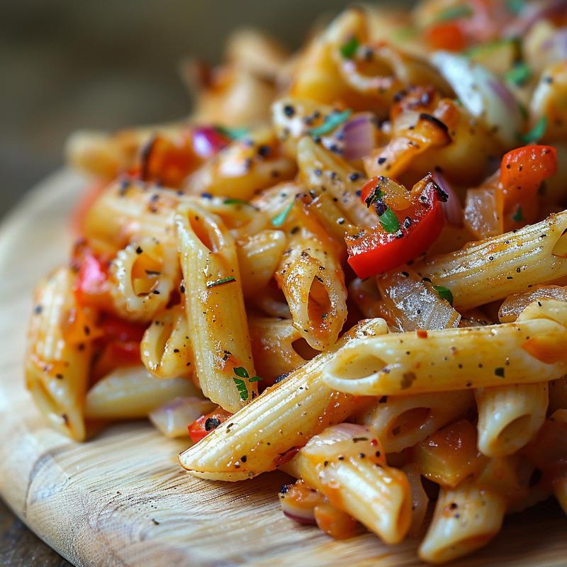 Close-up of a colorful Mediterranean vegetable pasta bake.