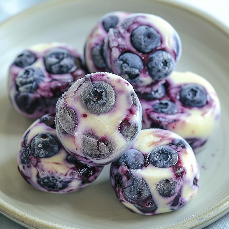 Close-up of blueberry swirl yogurt bites on a light grey plate.