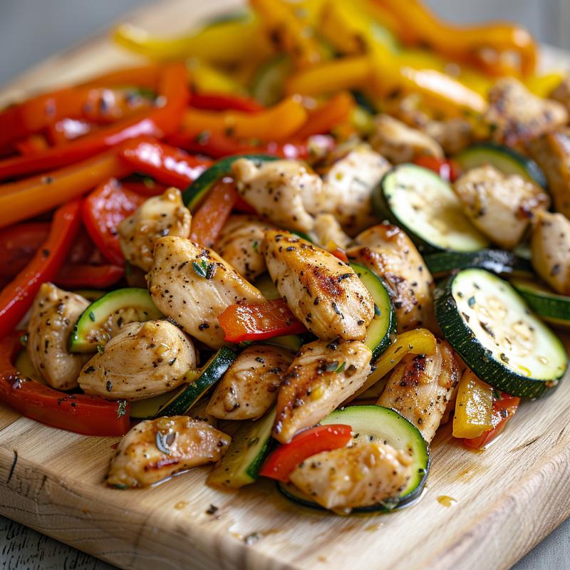 Close-up of vibrant chicken stir-fry with peppers and zucchini.