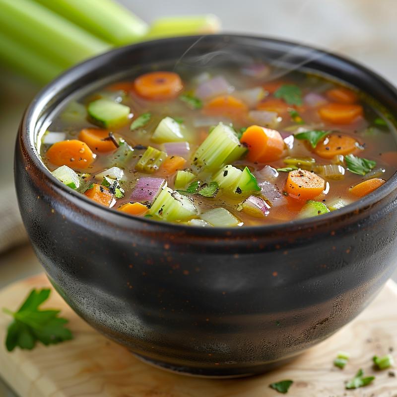 Steaming bowl of vegetable soup with visible ingredients, close-up view.
