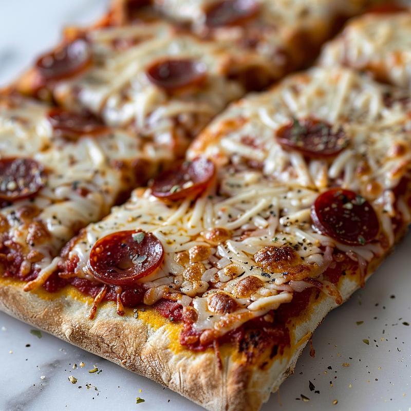 Close-up of a small, simply topped pizza on white marble.