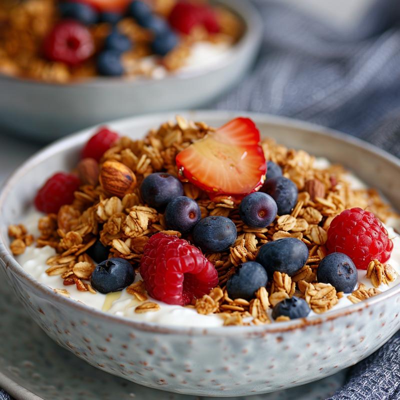 Close-up of yogurt granola bowl with berries and nuts on a grey plate.