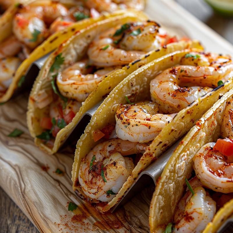 Close-up of vibrant shrimp tacos with visible spices.