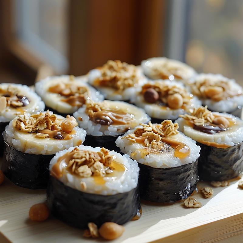 Close-up of banana sushi rolls on a wooden board.