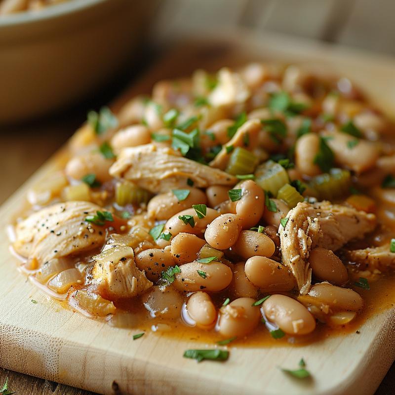 Close-up of creamy white chicken chili with visible beans and chicken.