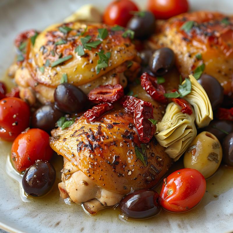 Close-up of Mediterranean chicken with tomatoes, olives, and artichoke hearts on a grey plate.