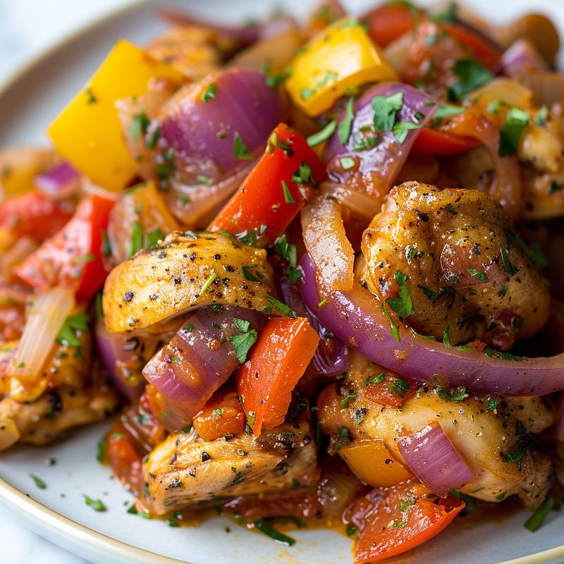 Close-up of slow cooker Greek chicken with visible vegetables on a white marble surface.