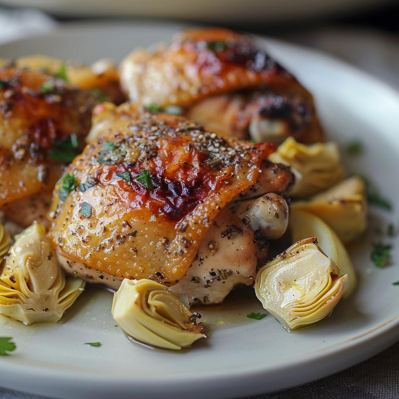 Close-up of crockpot Greek chicken with visible artichoke hearts on a gray plate.