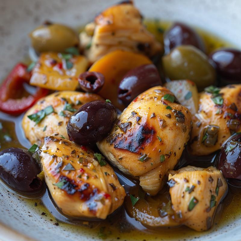 Close-up of Greek chicken with olives on a gray plate.