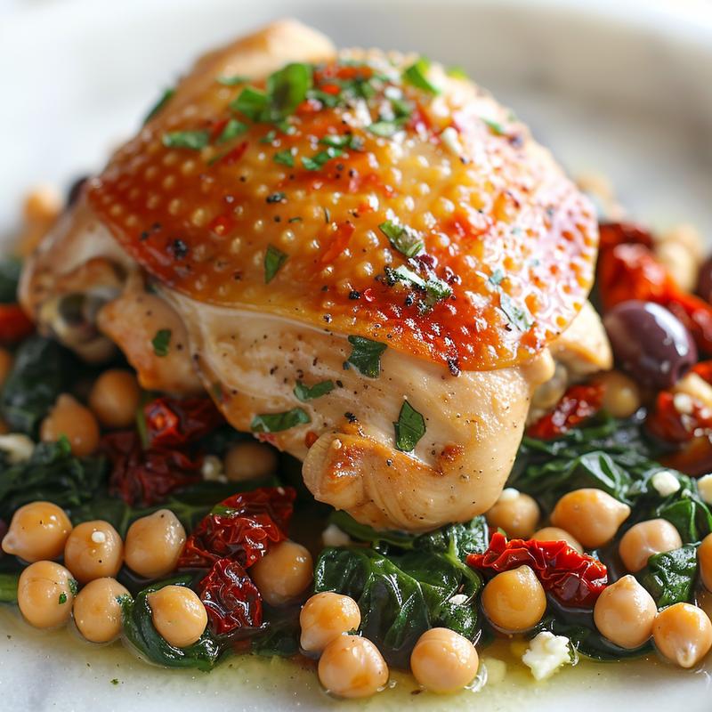 Close-up of Mediterranean chicken with feta and spinach in a white bowl.