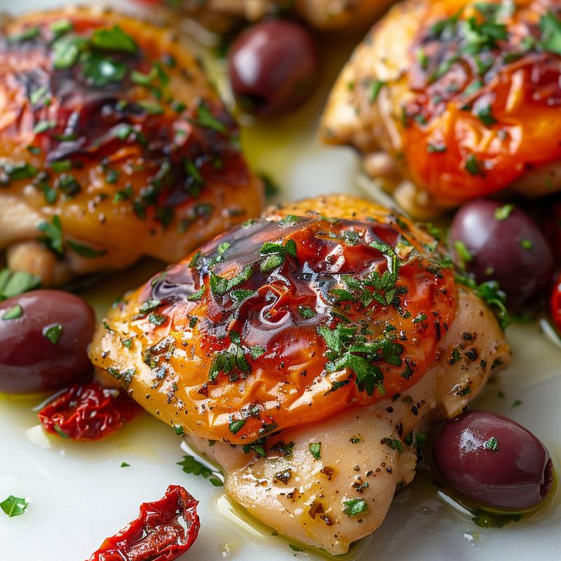 Close-up of Mediterranean chicken in a white bowl.