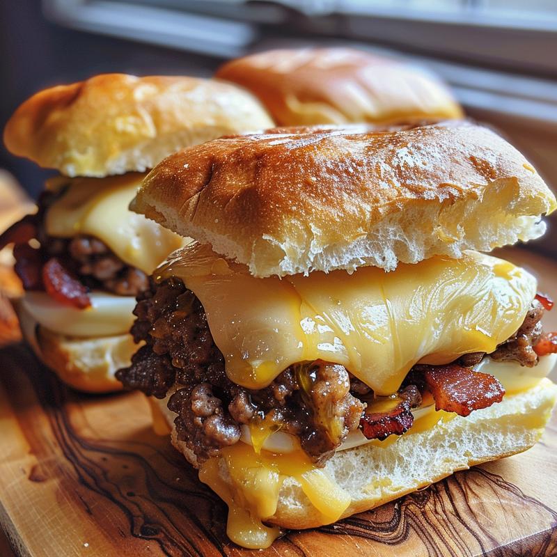 Close-up of stacked breakfast sliders with sausage, cheese, bacon, and egg on Hawaiian rolls.