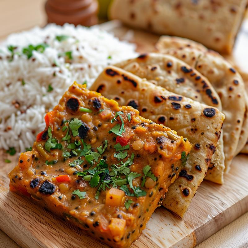 Close-up of a vibrant Punjabi tiffin with visible lentils, vegetables, and spices.