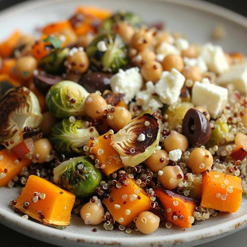 Close-up of a quinoa bowl with roasted winter vegetables, feta, and olives.