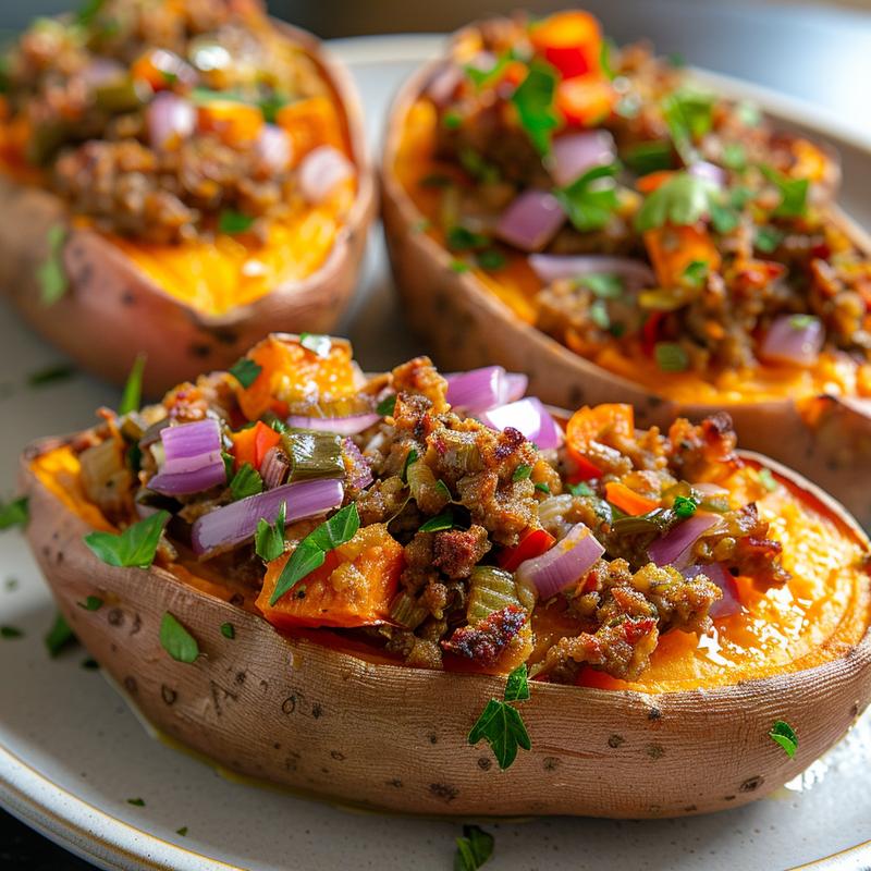 Close-up of a vibrant Mediterranean stuffed sweet potato on a grey ceramic plate.