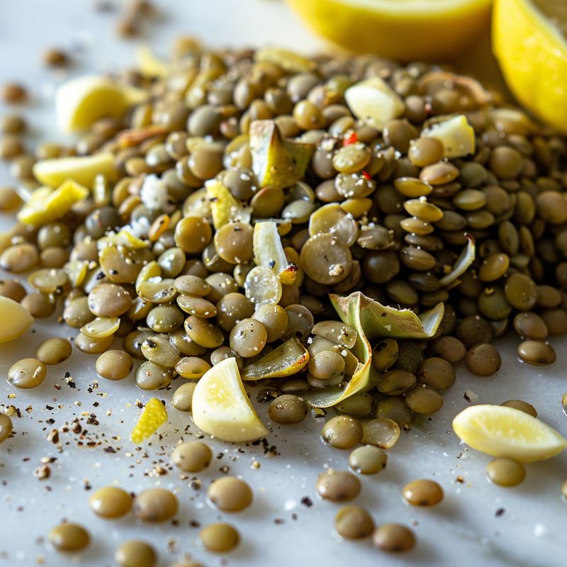 Close-up of Mediterranean lentil salad with visible lemon, garlic, and spices on white marble.
