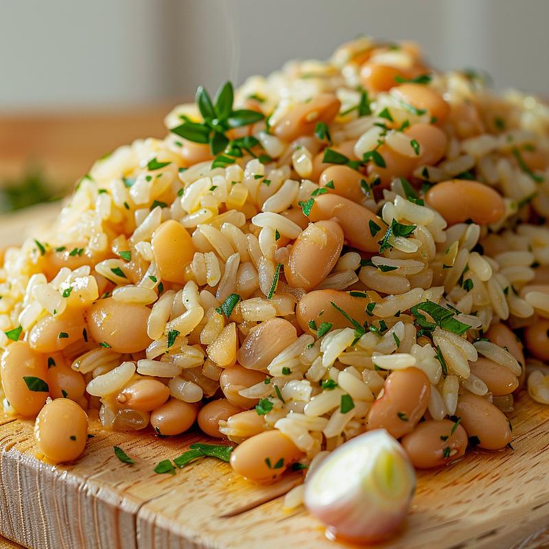 Close-up of Mediterranean rice and beans with visible ingredients on a light wood board.
