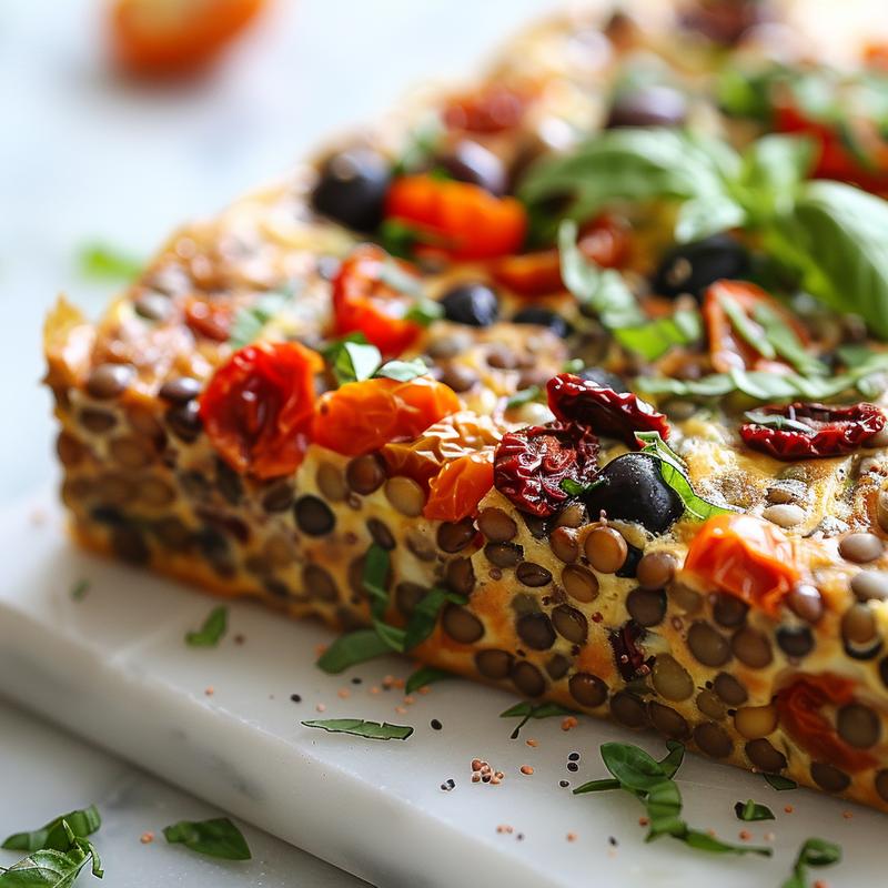 Close-up of a vegan lentil frittata with visible lentils, tomatoes, and olives on marble.