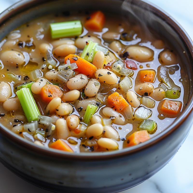 Close-up of white bean soup with visible vegetables on marble.