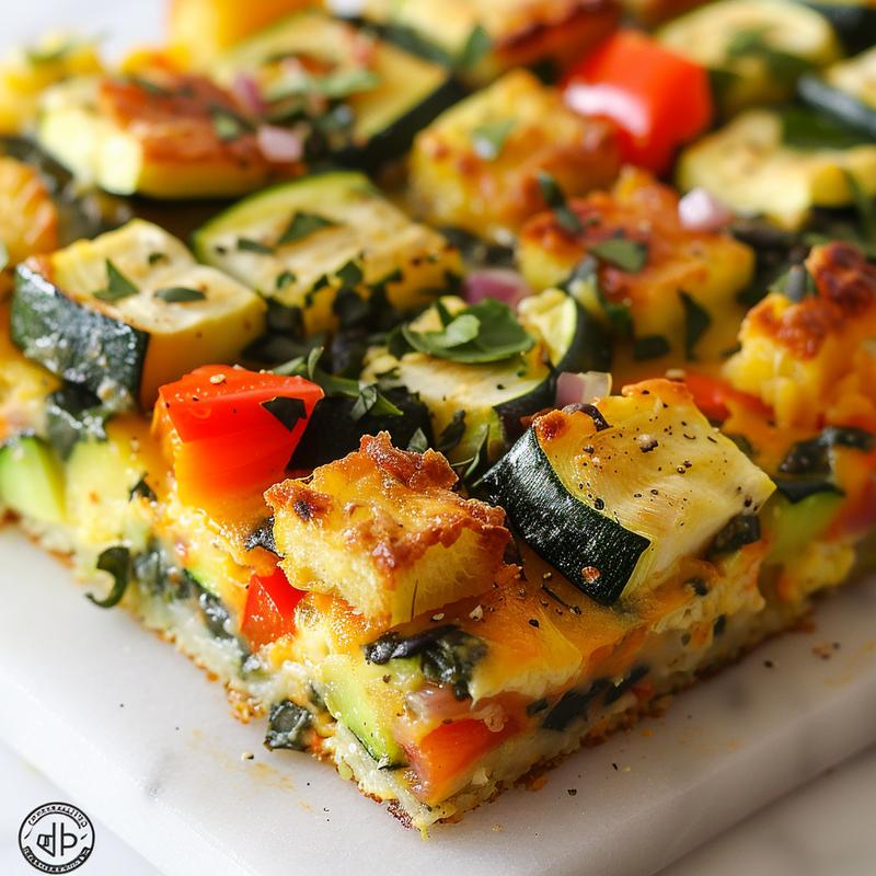 Close-up of Mediterranean vegetable casserole with visible red pepper, zucchini, and spinach.