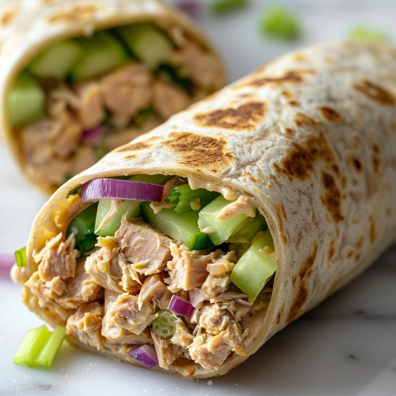 Close-up of a tuna melt wrap showing tuna, celery, and onion.