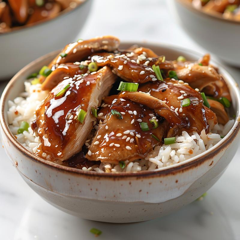Close-up of glossy, sticky chicken pieces on a bed of white rice.