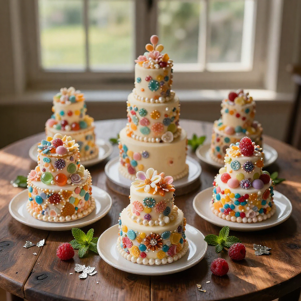 A vibrant, multi-tiered wedding cake covered in assorted colorful candies, professionally photographed on a rustic wooden table from a top-down angle.