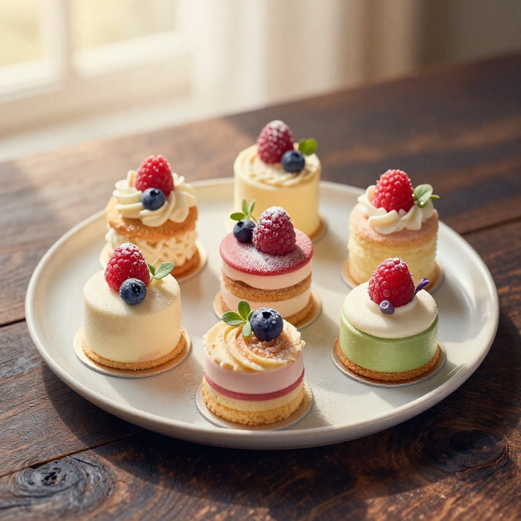 A beautifully plated cake on a rustic wooden table, photographed from above with natural light.