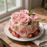 A professional top-down shot of an elegant pink rose cake on a rustic wooden table.