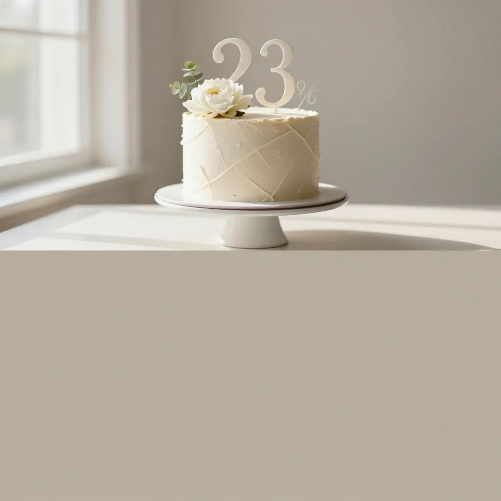 A beautifully styled 23rd birthday cake with delicate white and pink icing on a clean surface, occupying the top 60% of the image, with a solid, blank neutral rectangular block below.