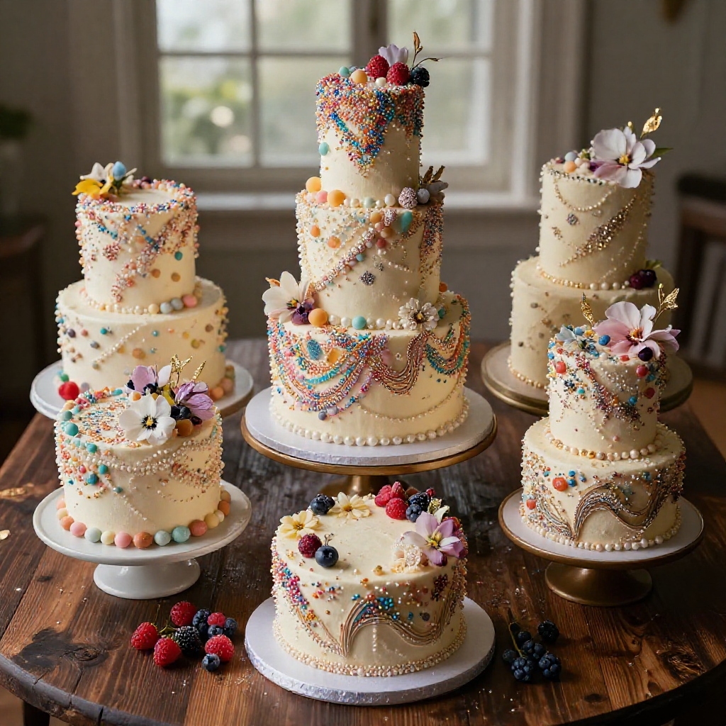 A vibrant, candy-covered tiered wedding cake beautifully plated on a rustic wooden table, seen from a top-down perspective.