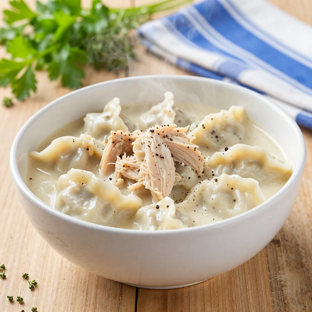 A pristine white bowl of creamy chicken and dumplings with black pepper, on a wooden surface with blurred background elements.