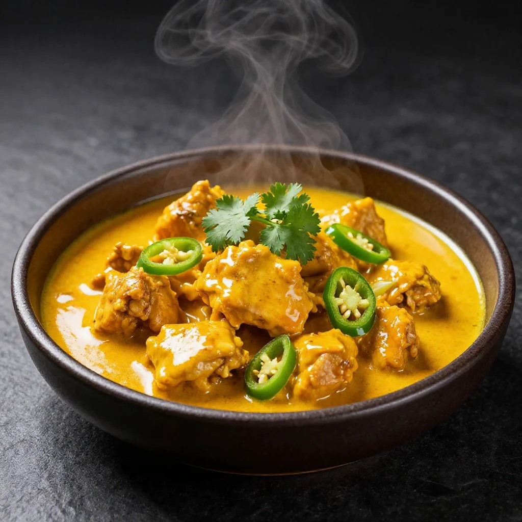 Vibrant orange-yellow coconut curry chicken in a dark bowl, garnished with cilantro and green chilies.