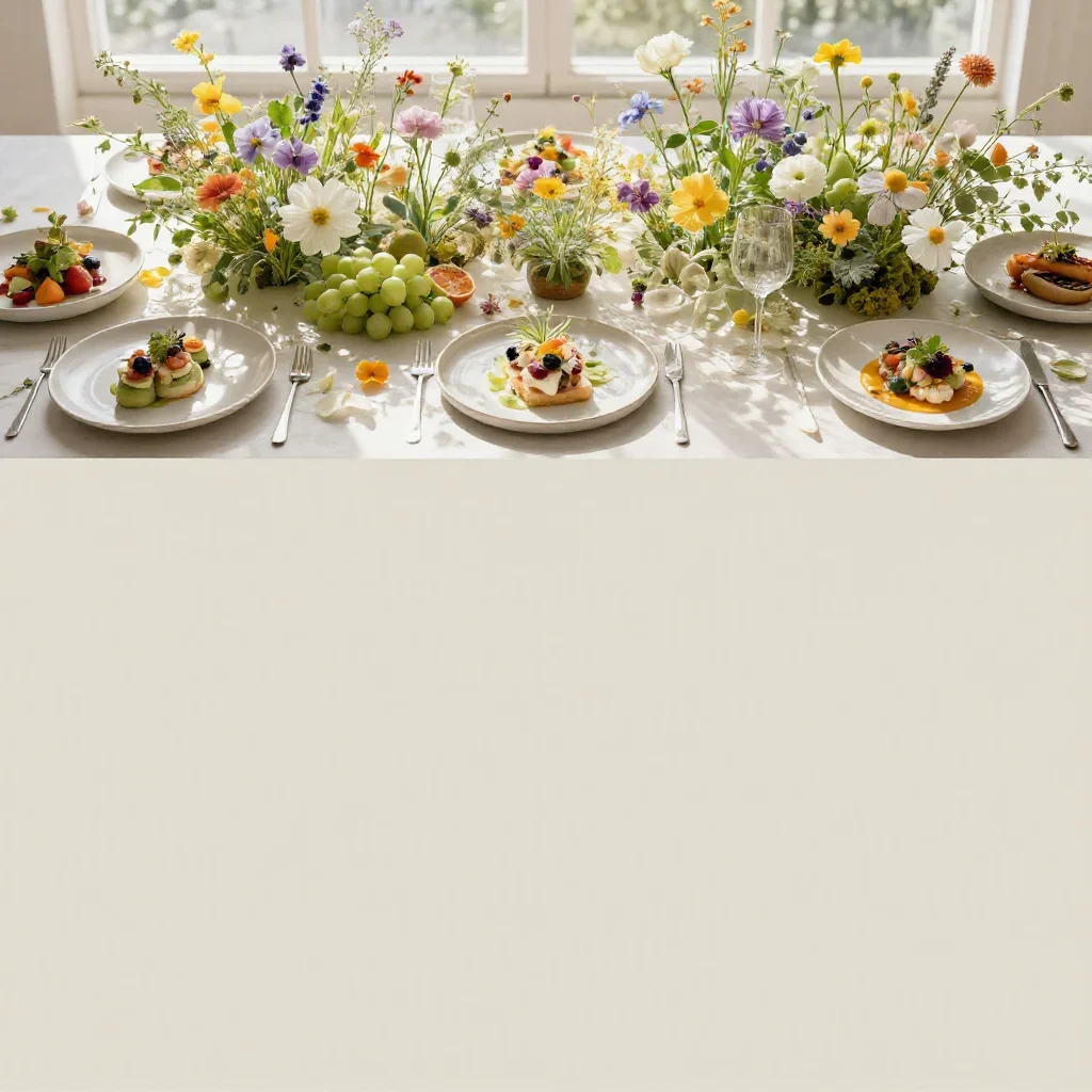 Bright, minimalist photograph of edible flowers meticulously styled for culinary use, with a solid blank space below.