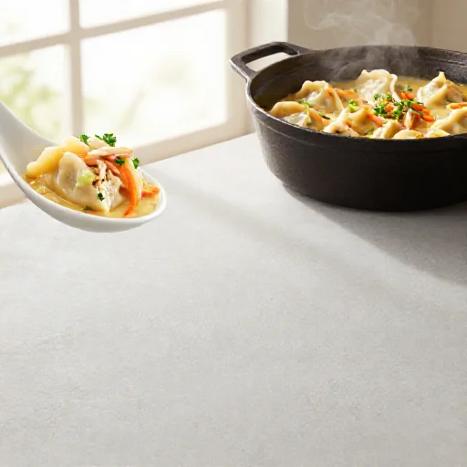 A close-up of a rustic pot filled with creamy chicken and herb-flecked dumplings, brightly lit.