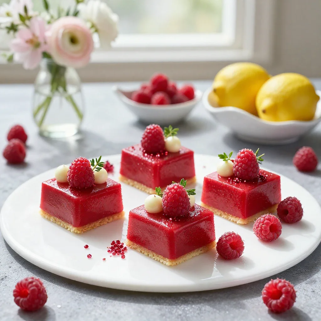Four rectangular raspberry lemon mousse cakes on a white surface, garnished with fresh raspberries, white chocolate, and herbs.