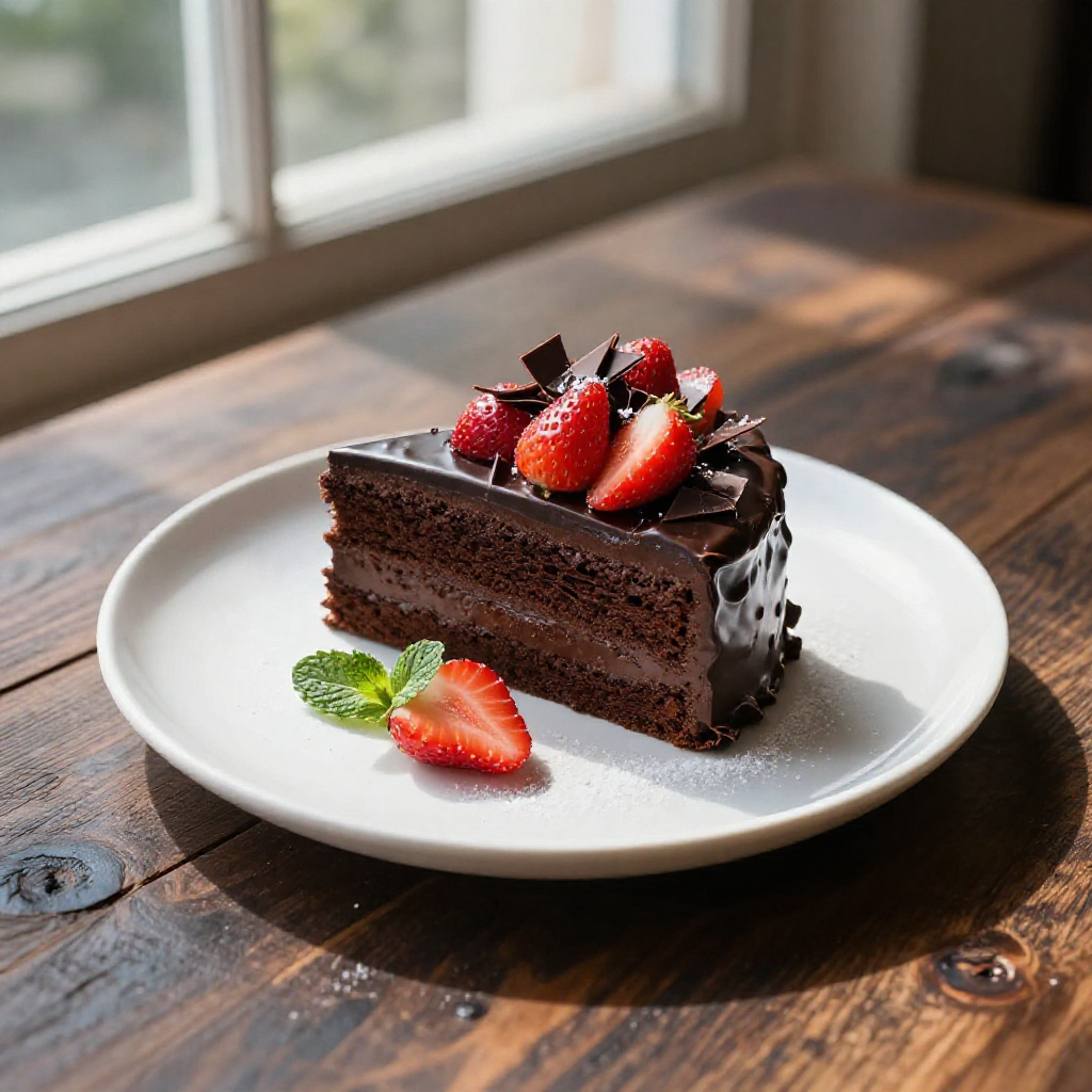 A professional top-down shot of a decadent strawberry chocolate cake on a rustic wooden table.