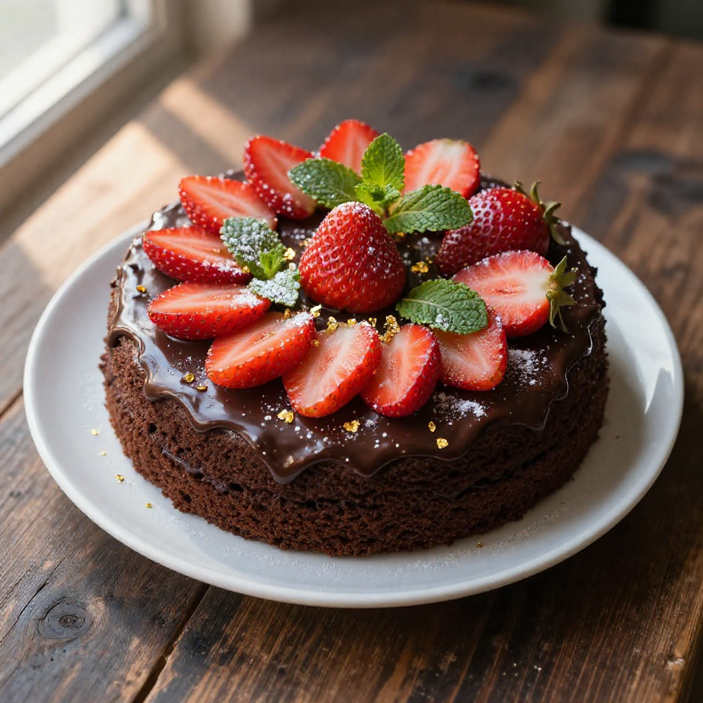 A beautifully plated strawberry chocolate cake, garnished with fresh strawberries, on a rustic wooden table.
