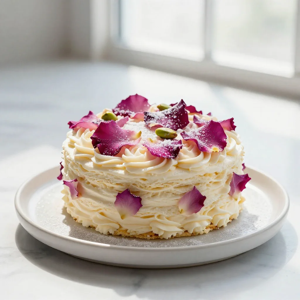 A beautifully plated slice of rose petal cake with delicate pink petals, under bright natural light.