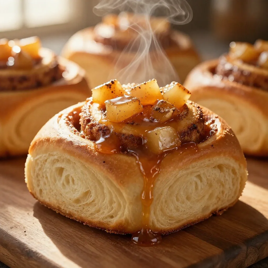 Freshly baked golden-brown cinnamon rolls topped with glistening caramelized diced apple pie filling, viewed from above.