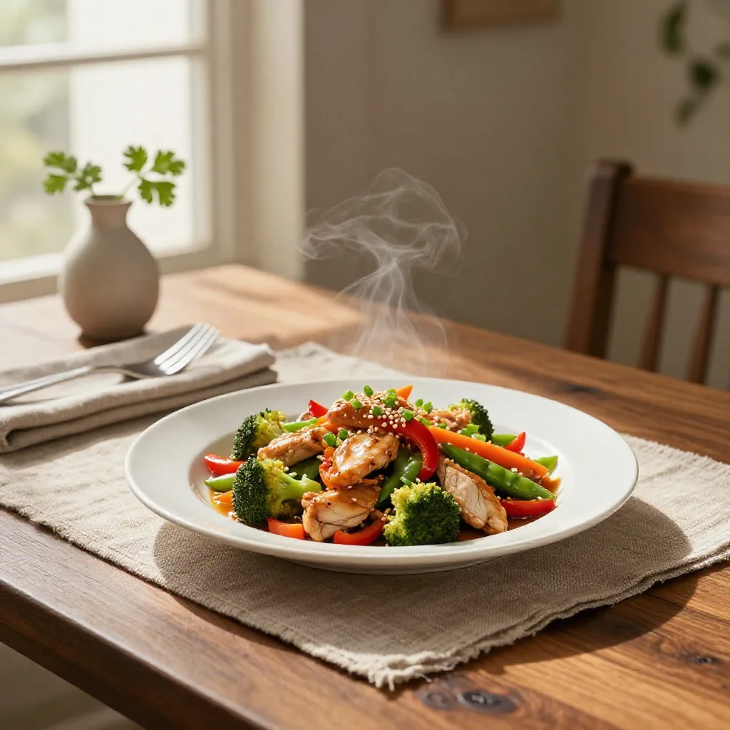 A vibrant chicken and vegetable stir-fry served on a white plate on a wooden table, illuminated by natural window light.