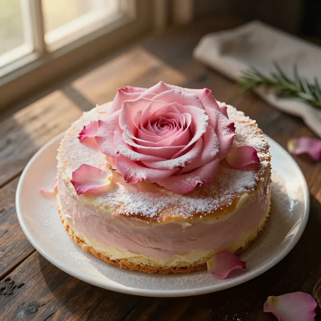 A beautifully decorated pink rose cake on a rustic wooden table, viewed from above.