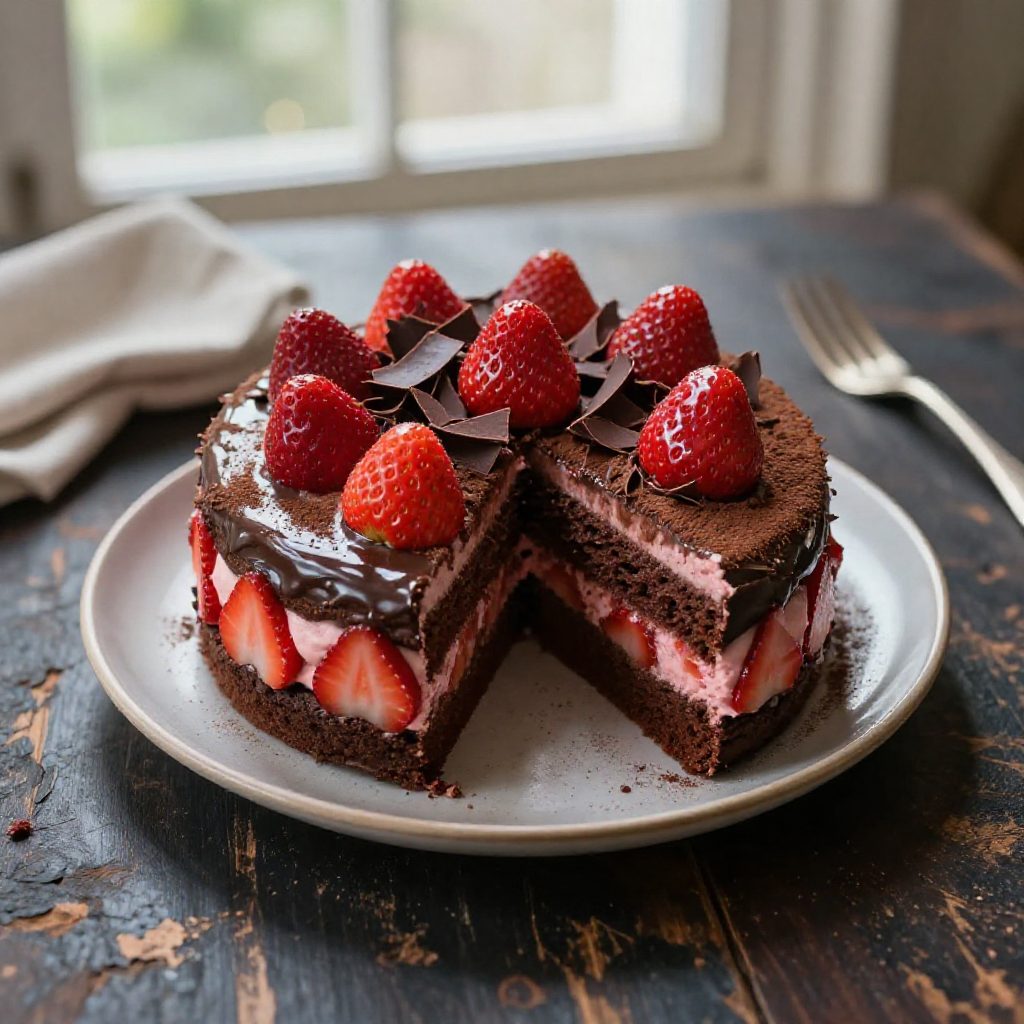 A top-down view of a strawberry chocolate cake on a rustic wooden table.