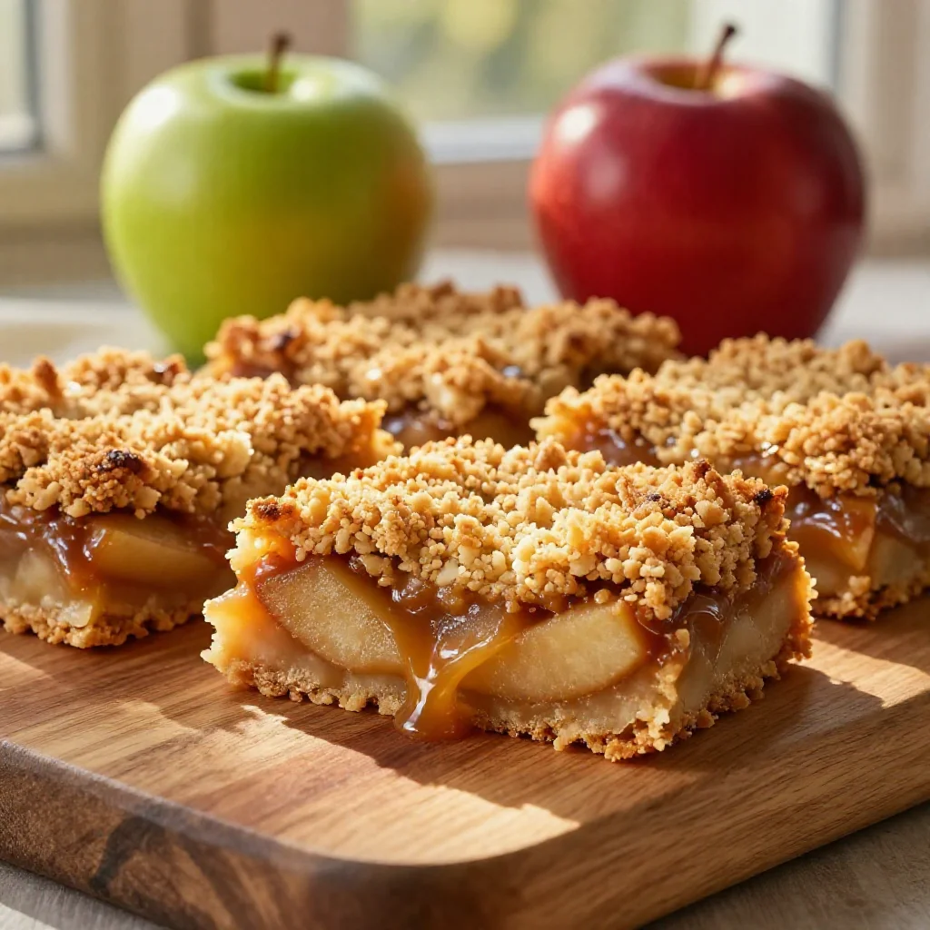 A pile of golden salted caramel apple pie bars, one cut open to show the apple filling and gooey caramel, with blurred fresh apples in the background.