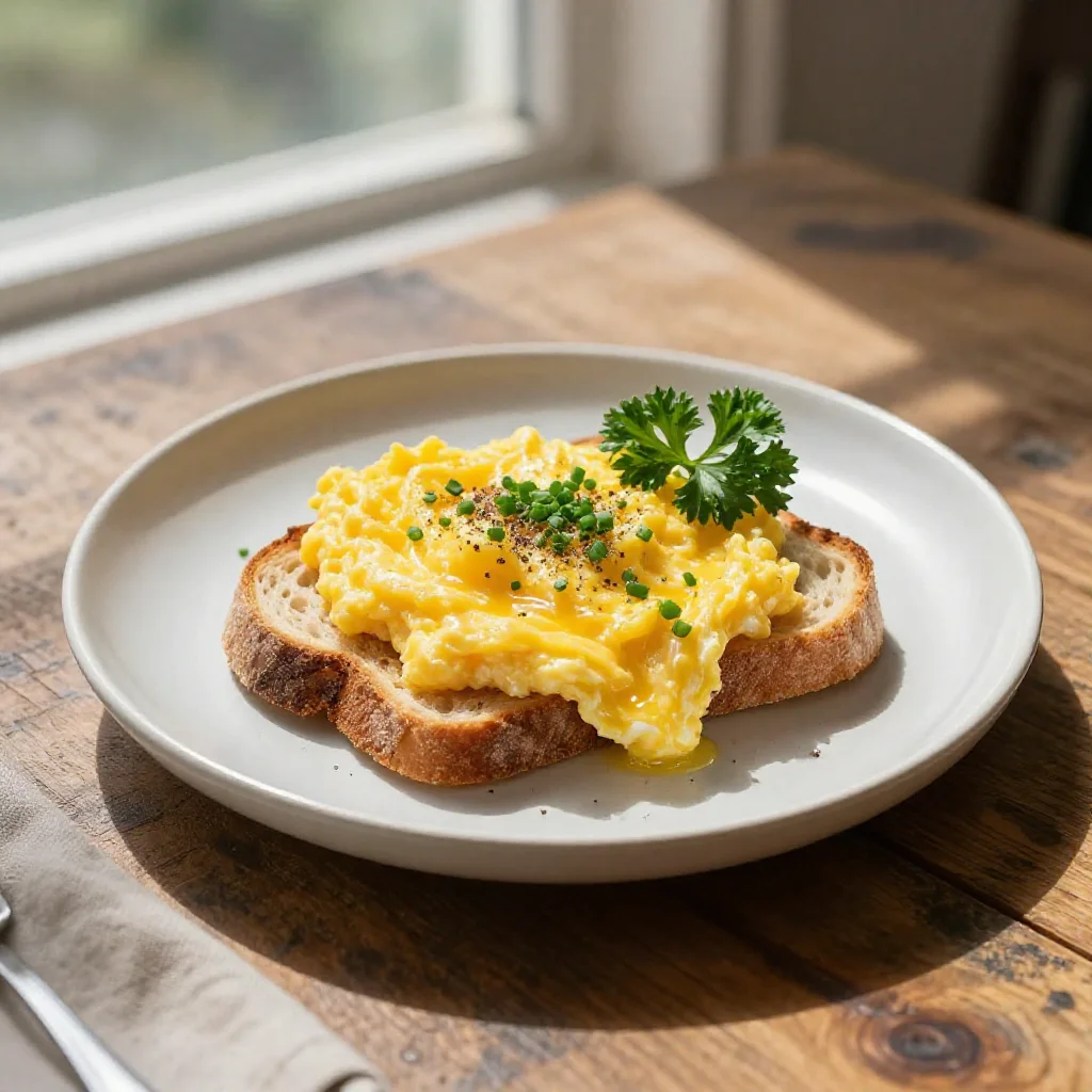A beautifully plated dish of fluffy scrambled eggs on a rustic wooden table.